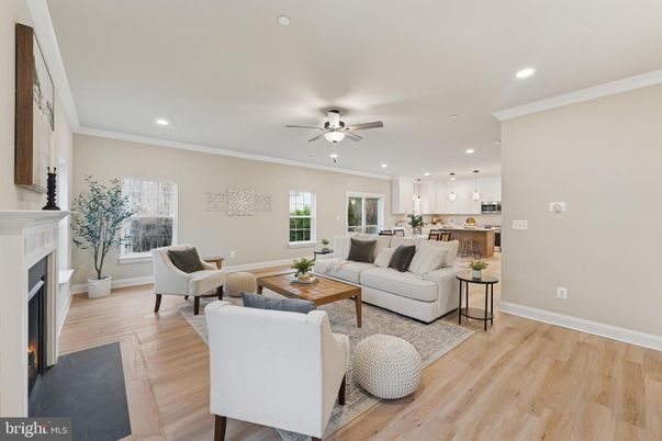 Fireplace, Interior, Kitchen, Living room, Pendant Lights, Recessed Lighting, Wood Texture Flooring