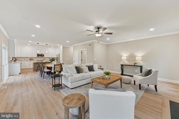 Dining room, Interior, Kitchen, Living room, Pendant Lights, Recessed Lighting, Wood Texture Flooring
