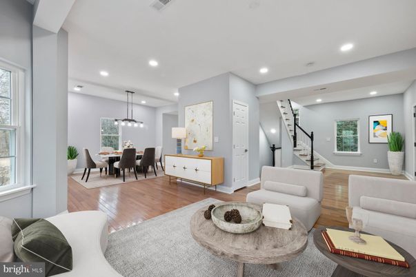 Dining room, Interior, Living room, Pendant Lights, Recessed Lighting, Wood Texture Flooring
