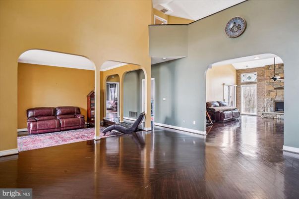 Fireplace, Interior, Recessed Lighting, Stone Walls, Wood Texture Flooring