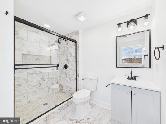 Bathroom, Glass Shower, Interior, Marble, Marble Walls, Recessed Lighting