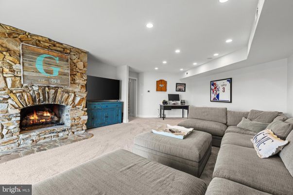 Fireplace, Interior, Living room, Recessed Lighting, Stone Walls