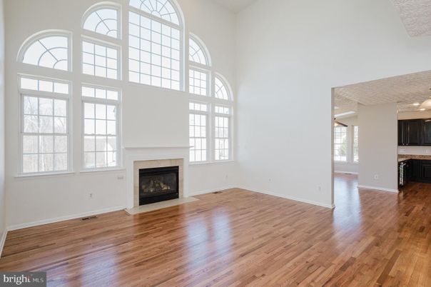 Empty room, Fireplace, Interior, Kitchen, Pendant Lights, Wood Texture Flooring