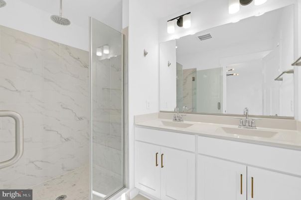 Bathroom, Dual Sink Vanities, Glass Shower, Interior, Marble Walls