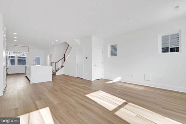 Empty room, Interior, Kitchen, Pendant Lights, Recessed Lighting, Wood Texture Flooring