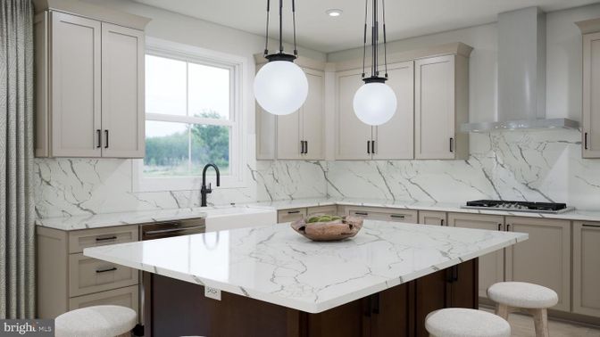 Interior, Kitchen, Marble Walls, Pendant Lights, Recessed Lighting