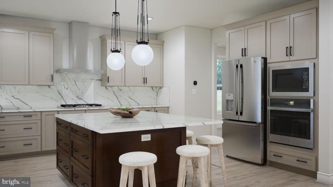 Interior, Kitchen, Marble Walls, Pendant Lights, Recessed Lighting, Stainless Steel Appliances, Wood Texture Flooring