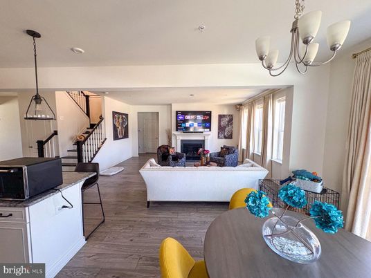 Fireplace, Interior, Living room, Pendant Lights, Recessed Lighting, Wood Texture Flooring