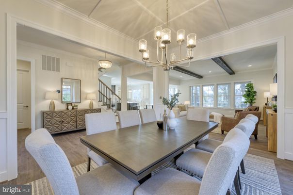 Chandelier, Dining room, Interior, Living room, Pendant Lights, Recessed Lighting, Wooden Beams, Wood Texture Flooring