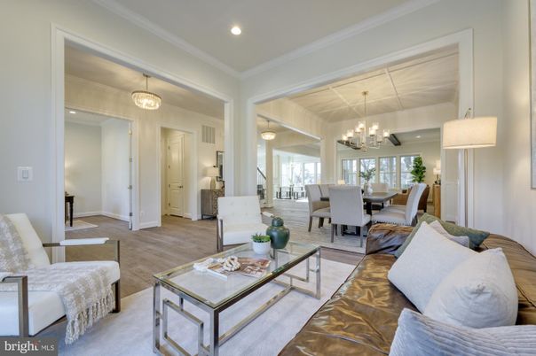 Chandelier, Dining room, Interior, Living room, Pendant Lights, Recessed Lighting, Wood Texture Flooring