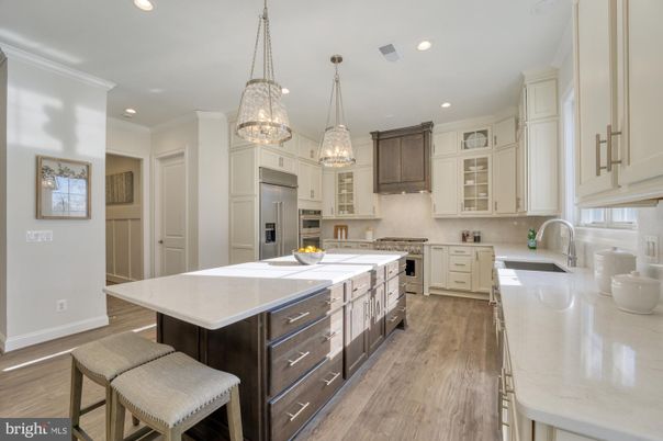 Chandelier, Interior, Kitchen, Pendant Lights, Recessed Lighting, Stainless Steel Appliances, Wood Texture Flooring