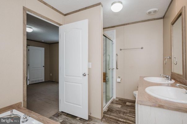 Bathroom, Dual Sink Vanities, Glass Shower, Interior, Wood Texture Flooring