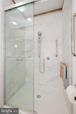 Bathroom, Glass Shower, Interior, Marble Walls, Recessed Lighting