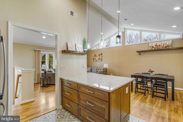 Dining room, Interior, Pendant Lights, Recessed Lighting, Wood Texture Flooring