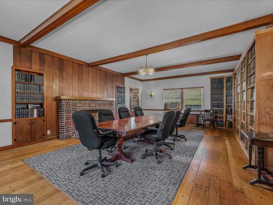 Chandelier, Home Office, Interior, Wooden Beams, Wood Texture Flooring, Wooden Walls