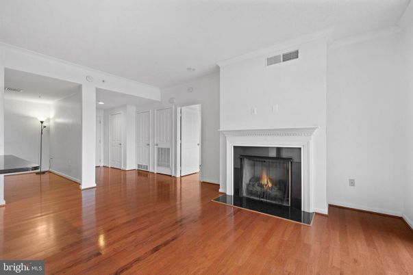 Empty room, Fireplace, Interior, Recessed Lighting, Wood Texture Flooring