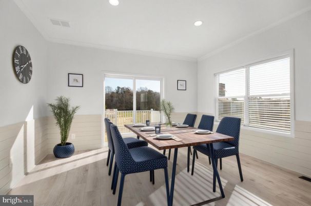 Dining room, Interior, Recessed Lighting, Wood Texture Flooring