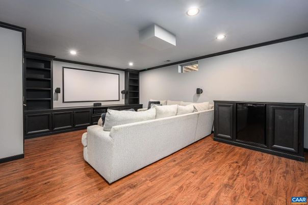 Interior, Projection Screen, Recessed Lighting, Theatre Room, Wood Texture Flooring