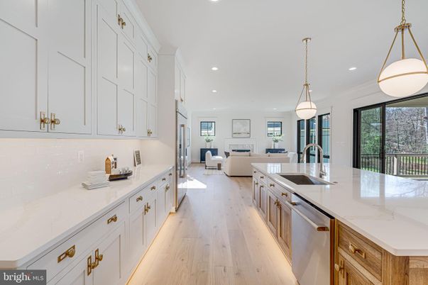 Fireplace, Interior, Kitchen, Living room, Pendant Lights, Recessed Lighting, Stainless Steel Appliances, Wood Texture Flooring