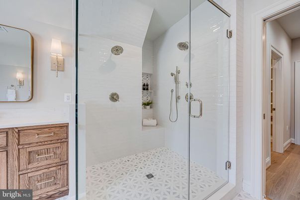 Bathroom, Glass Shower, Interior, Wood Texture Flooring