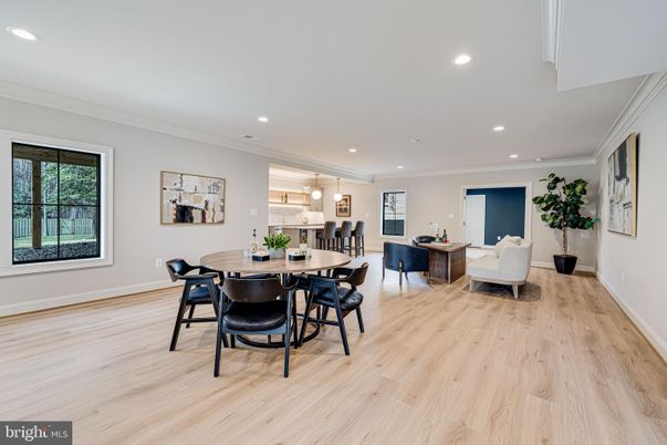 Dining room, Interior, Living room, Pendant Lights, Recessed Lighting, Wood Texture Flooring
