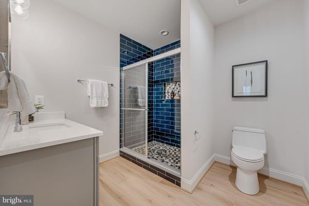 Bathroom, Glass Shower, Interior, Recessed Lighting, Wood Texture Flooring