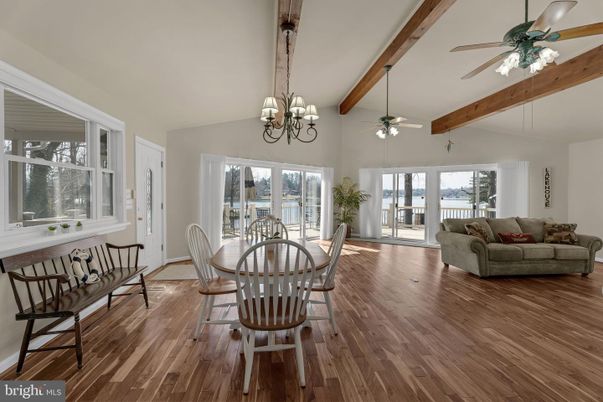 Chandelier, Dining room, Interior, Living room, Wooden Beams, Wood Texture Flooring