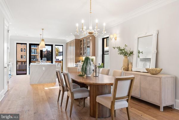 Dining room, Interior, Pendant Lights, Recessed Lighting, Wood Texture Flooring