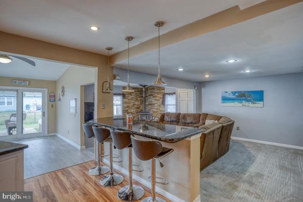 Interior, Pendant Lights, Recessed Lighting, Stone Walls, Wood Texture Flooring