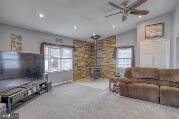 Fireplace, Interior, Living room, Recessed Lighting, Stone Walls