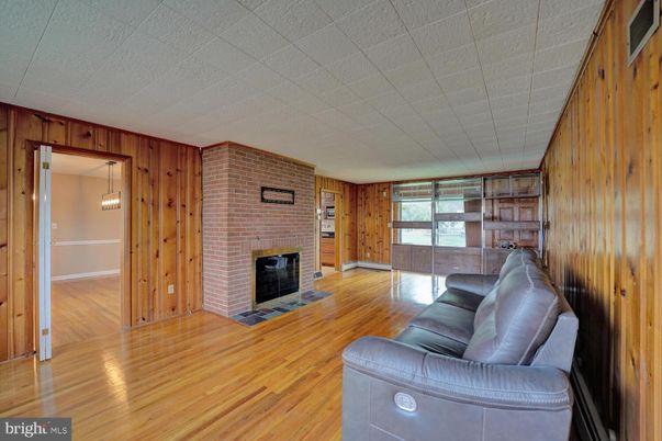 Empty room, Fireplace, Interior, Stone Walls, Wood Texture Flooring, Wooden Walls