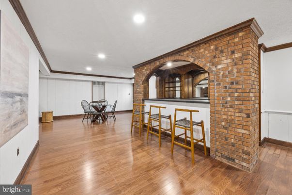 Dining room, Interior, Recessed Lighting, Stone Walls, Wood Texture Flooring