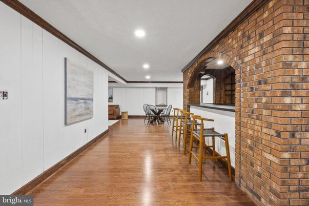Dining room, Interior, Recessed Lighting, Stone Walls, Wood Texture Flooring