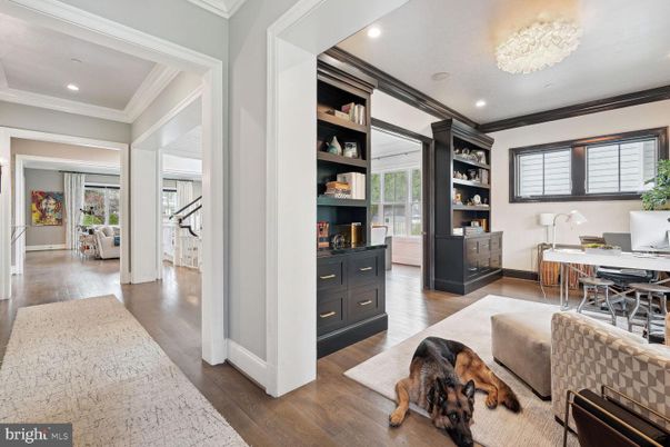 Chandelier, Home Office, Interior, Recessed Lighting, Wood Texture Flooring