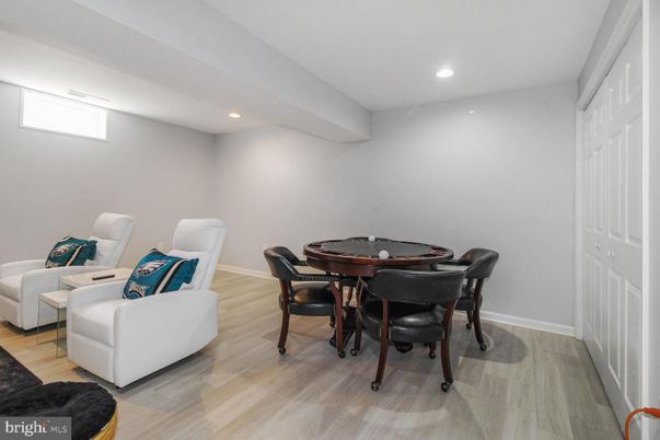 Dining room, Game Room, Interior, Recessed Lighting, Wood Texture Flooring