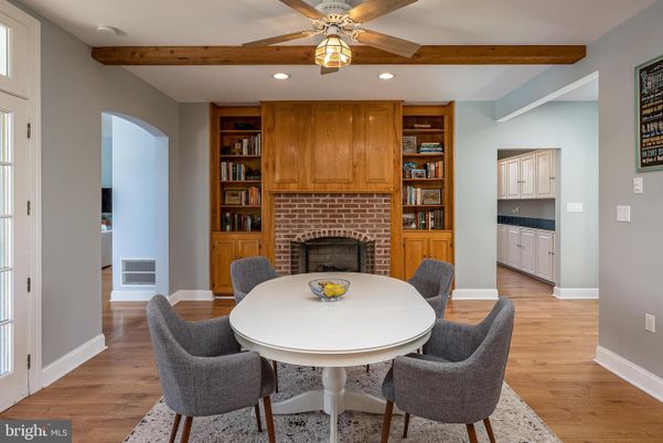 Dining room, Fireplace, Interior, Recessed Lighting, Wooden Beams, Wood Texture Flooring