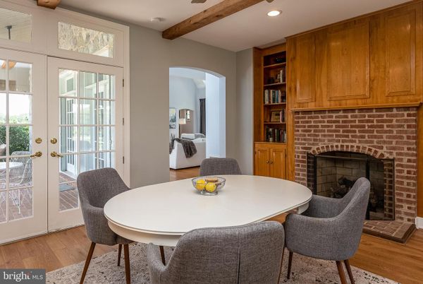 Dining room, Fireplace, Interior, Recessed Lighting, Stone Walls, Wooden Beams, Wood Texture Flooring
