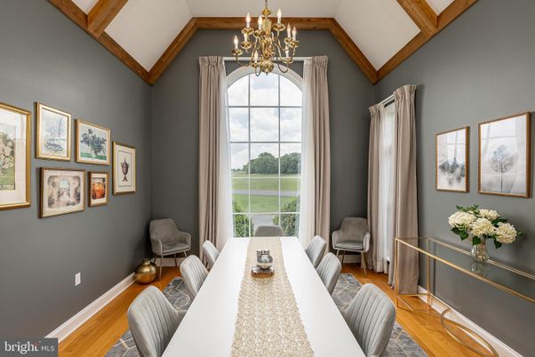 Chandelier, Dining room, Interior, Wooden Beams, Wood Texture Flooring