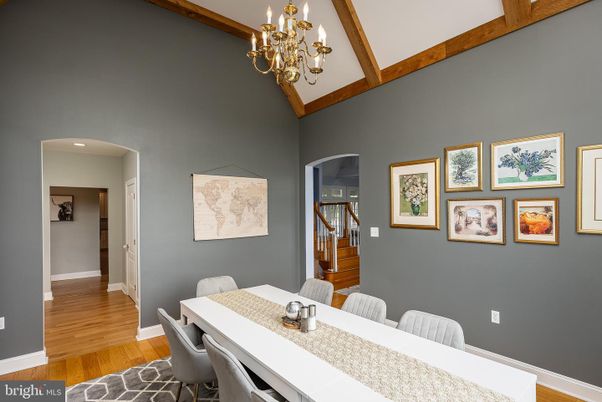 Chandelier, Dining room, Interior, Recessed Lighting, Wooden Beams, Wood Texture Flooring