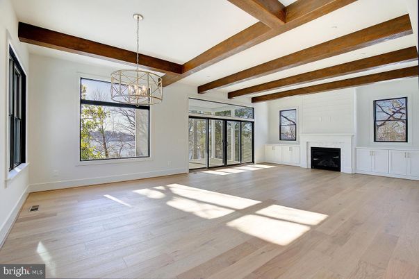 Empty room, Fireplace, Interior, Pendant Lights, Wooden Beams, Wood Texture Flooring