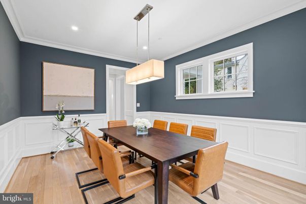 Dining room, Interior, Pendant Lights, Recessed Lighting, Wood Texture Flooring