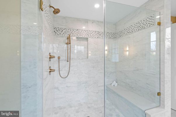 Bathroom, Glass Shower, Interior, Marble Walls, Recessed Lighting