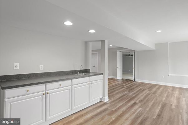 Empty room, Interior, Kitchen, Recessed Lighting, Wood Texture Flooring