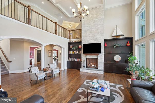 Chandelier, Fireplace, Interior, Living room, Recessed Lighting, Wood Texture Flooring