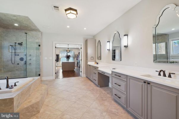 Bathroom, Chandelier, Dual Sink Vanities, Glass Shower, Interior, Recessed Lighting