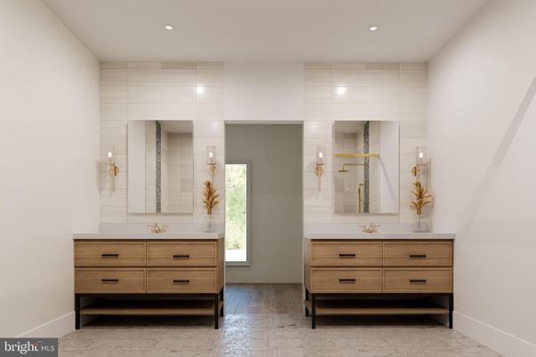 Bathroom, Dual Sink Vanities, Interior, Recessed Lighting, Wood Texture Flooring