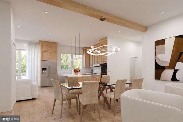 Dining room, Interior, Kitchen, Pendant Lights, Recessed Lighting, Stainless Steel Appliances, Wooden Beams, Wood Texture Flooring