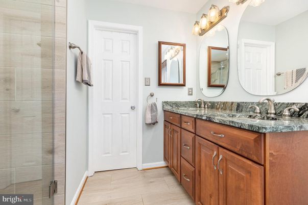 Bathroom, Dual Sink Vanities, Glass Shower, Interior, Wood Texture Flooring