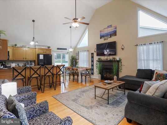 Dining room, Fireplace, Interior, Kitchen, Living room, Pendant Lights, Wood Texture Flooring