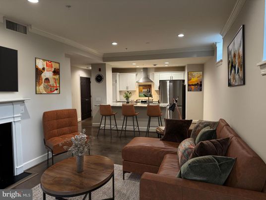 Interior, Kitchen, Living room, Recessed Lighting, Stainless Steel Appliances, Wood Texture Flooring